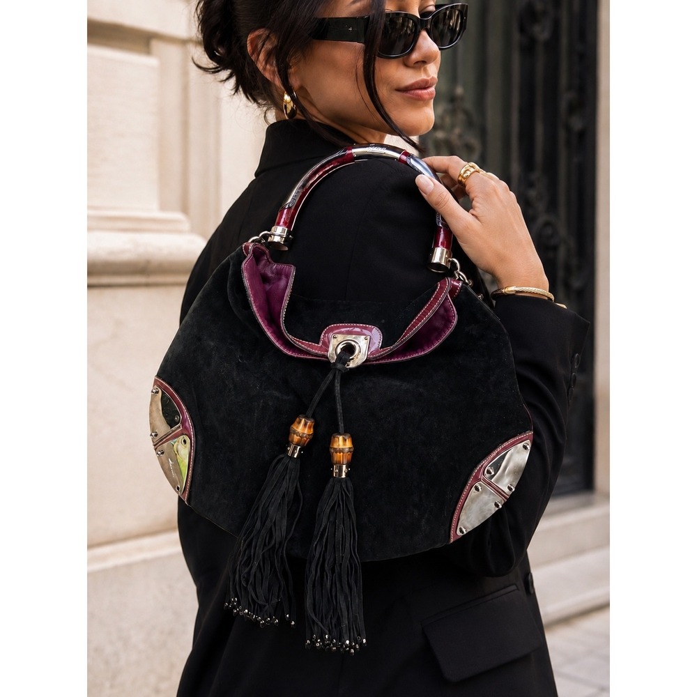 Gucci Indy Large Hobo Bag Black Suede Purple Patent Leather Bamboo Tassel Silver